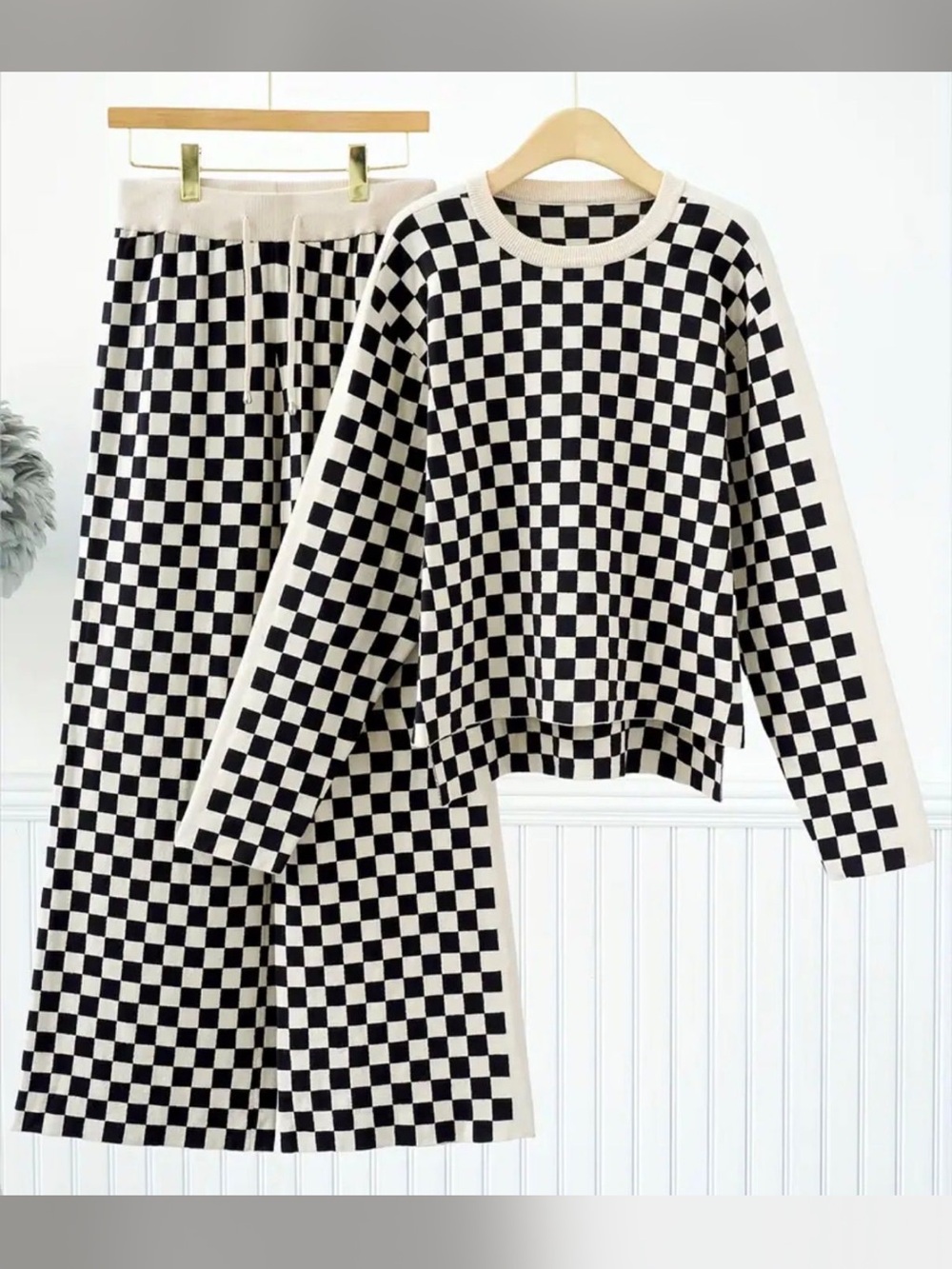 Checkerboard Knit Sweater & Jogger Set - Black and Cream